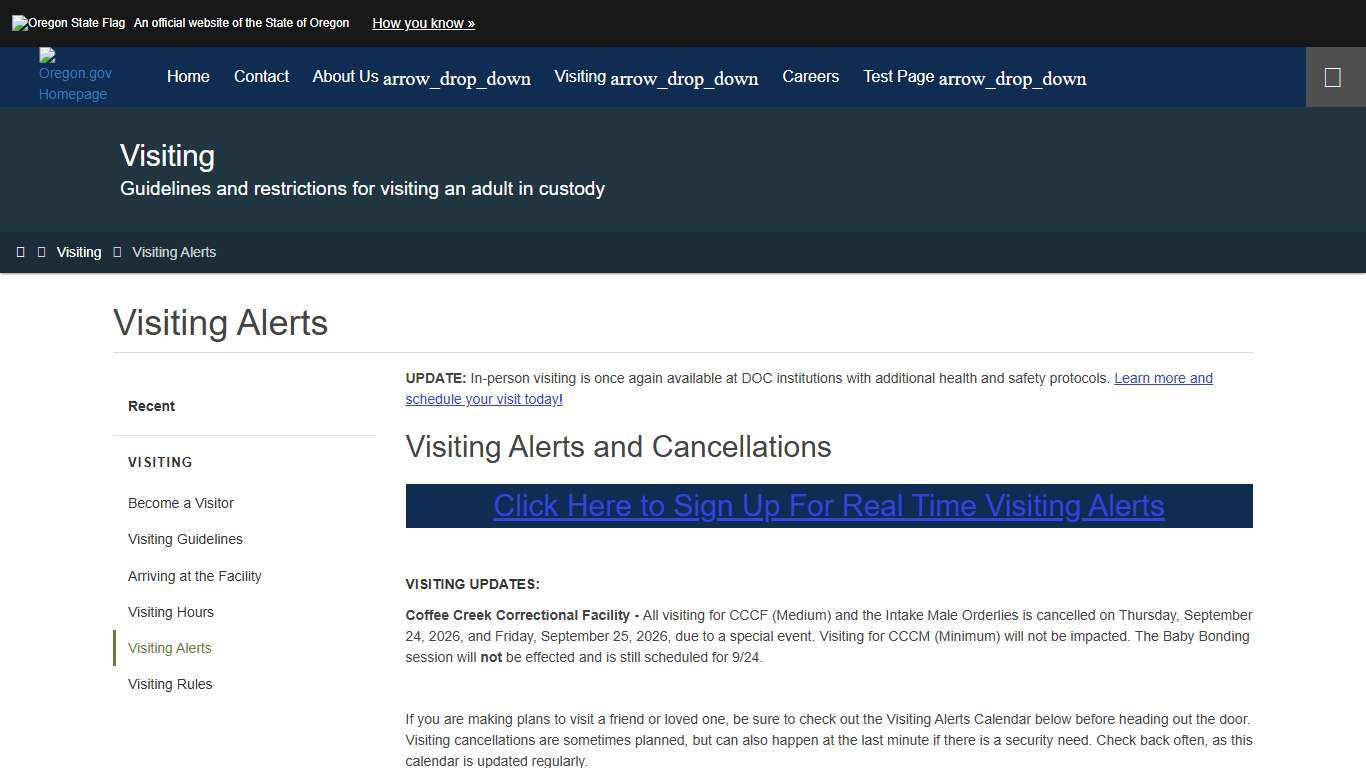 Department of Corrections : Visiting Alerts : Visiting : State of Oregon